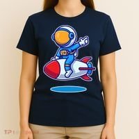 Cute Astronaut On Rocket Cartoon T-Shirt thumb 4