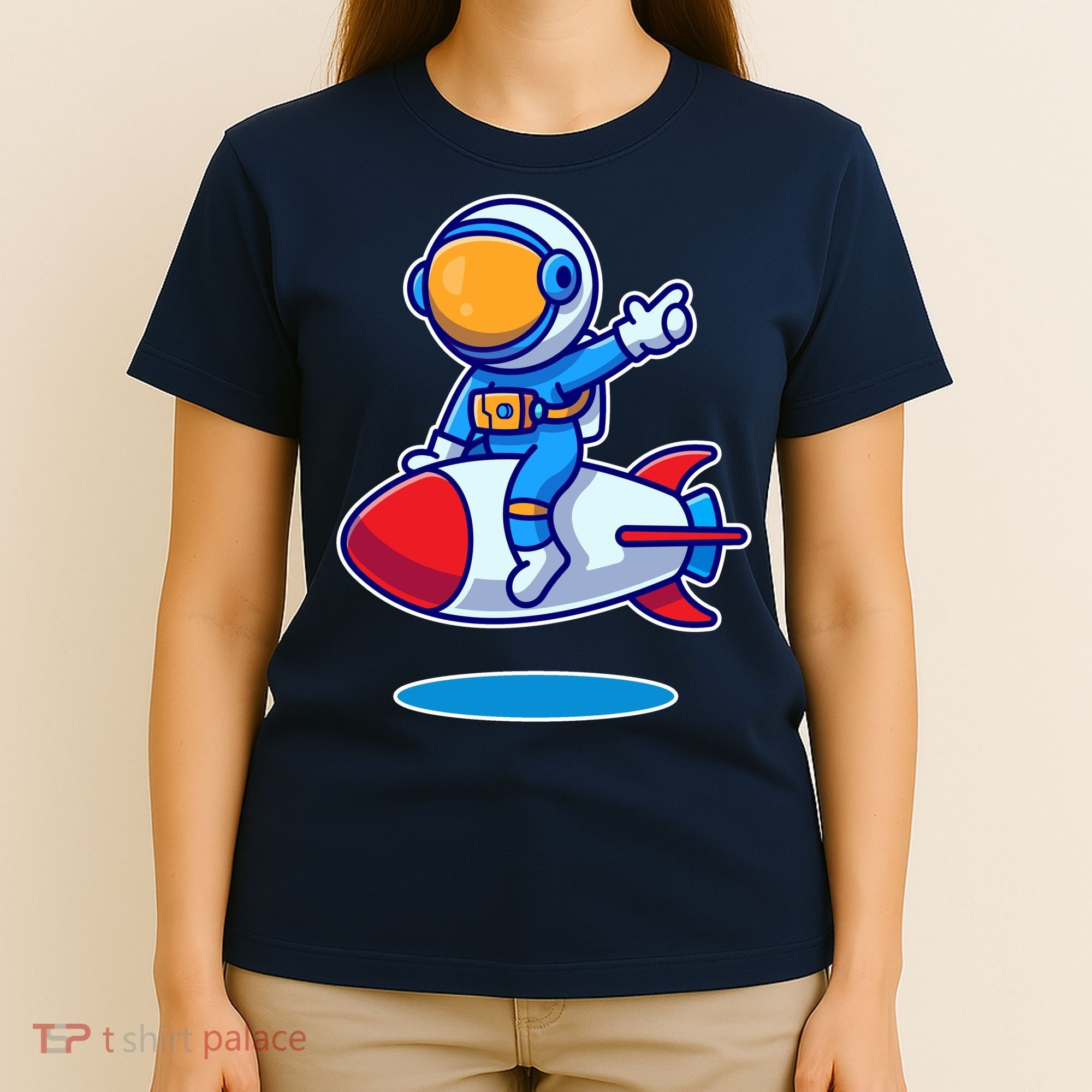 Cute Astronaut On Rocket Cartoon T-Shirt