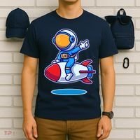 Cute Astronaut On Rocket Cartoon T-Shirt thumb 6