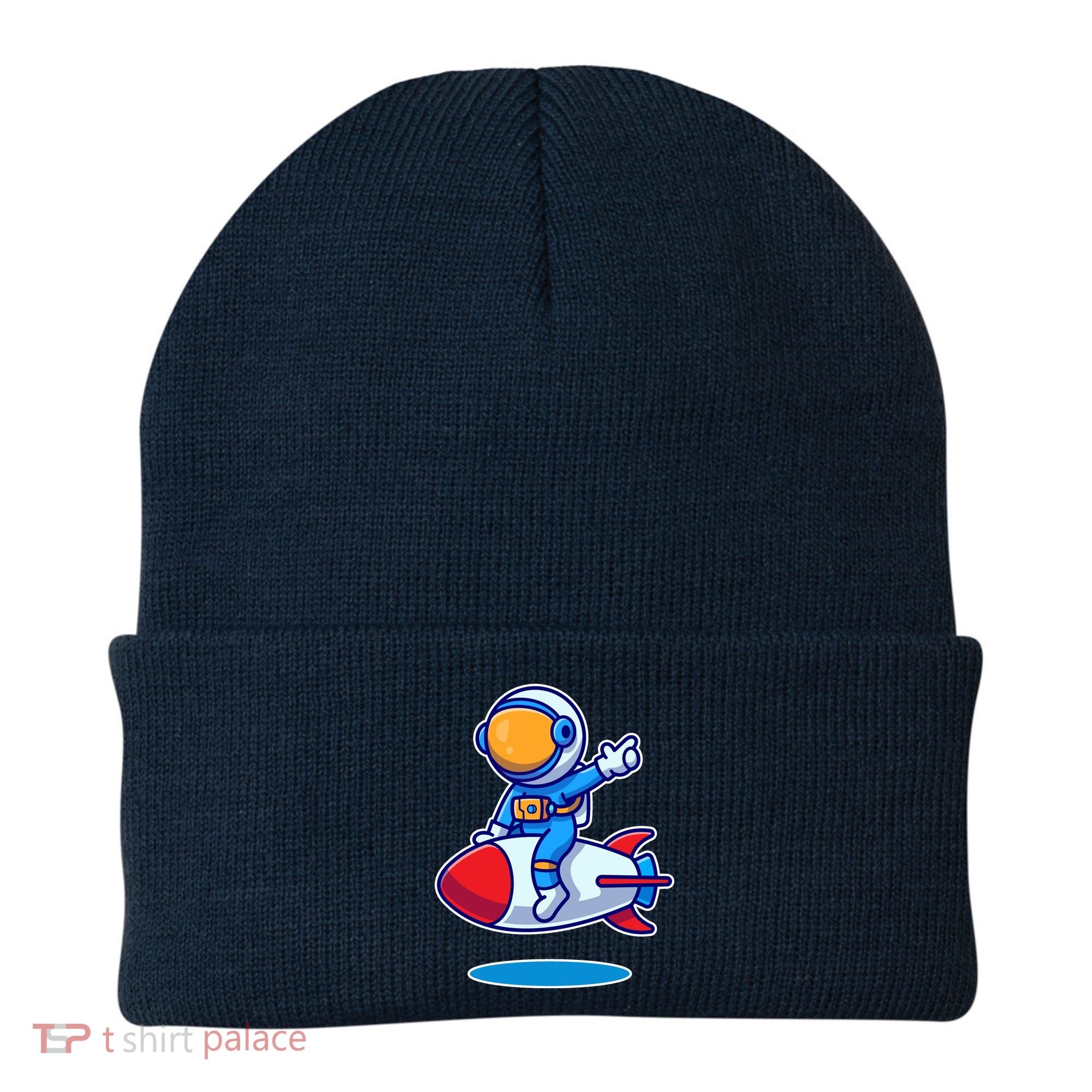 Cute Astronaut On Rocket Cartoon Beanie