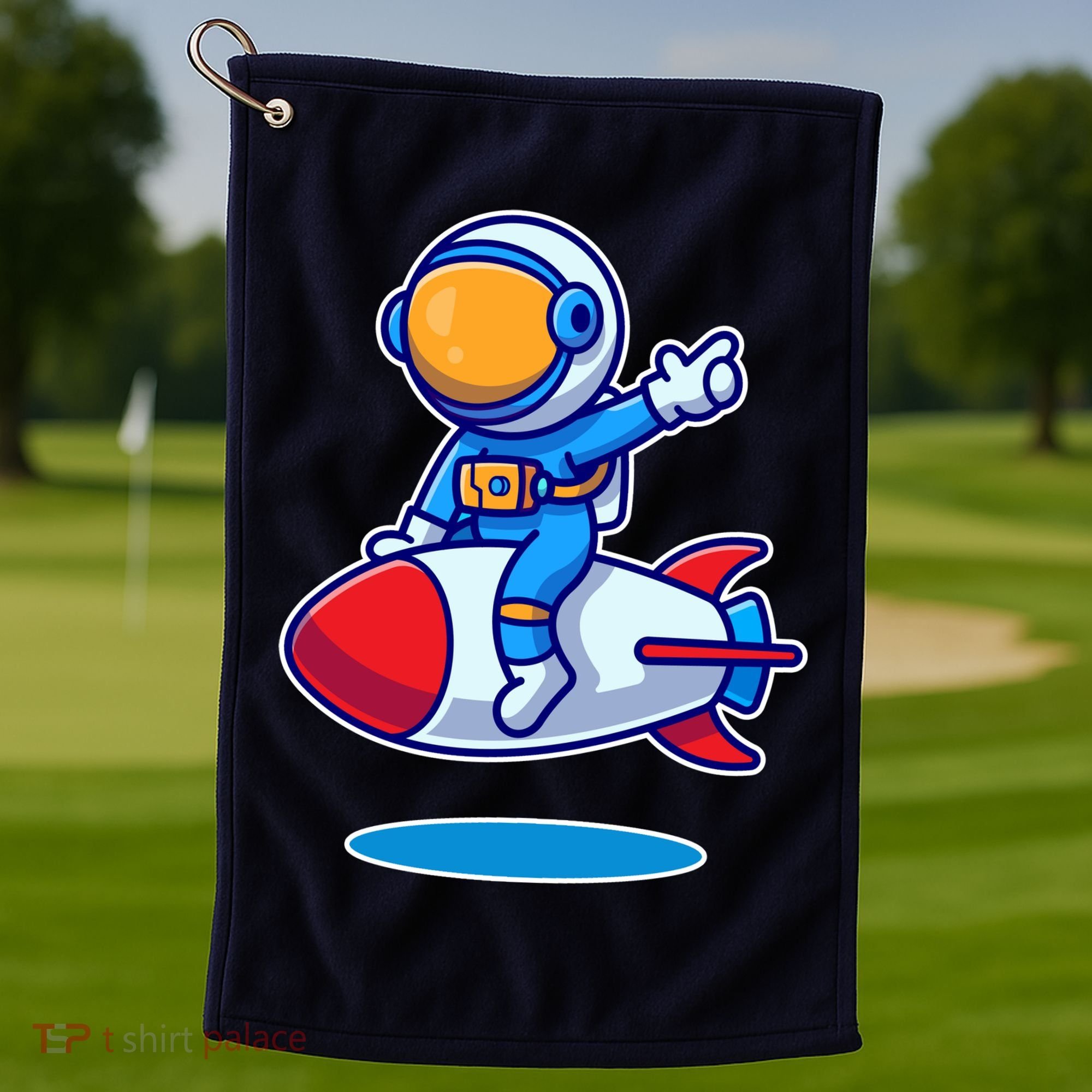 Cute Astronaut On Rocket Cartoon Golf Towel