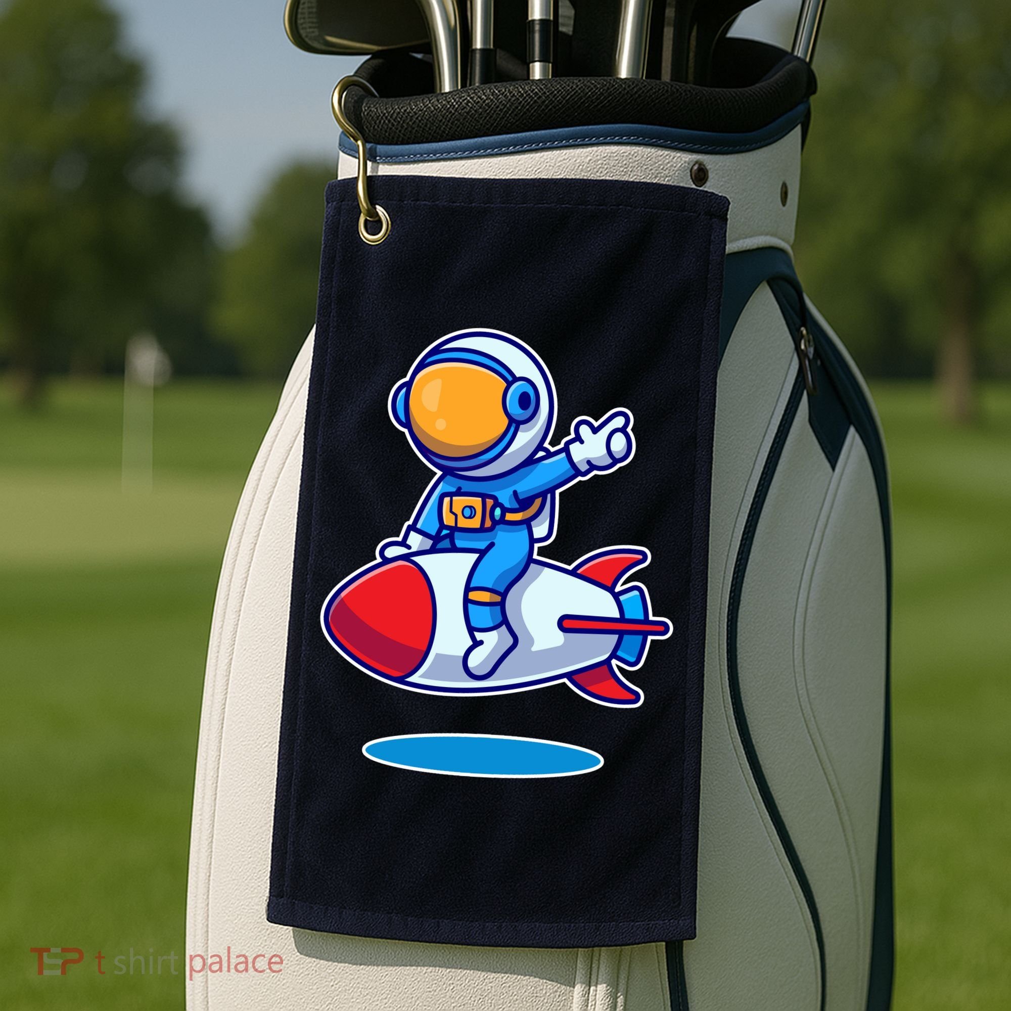 Cute Astronaut On Rocket Cartoon Golf Towel