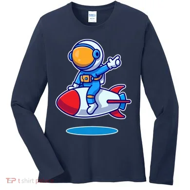 Cute Astronaut On Rocket Cartoon Women's Long Sleeve Shirt