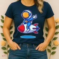 Cute Astronaut On Rocket Cartoon Women's T-Shirt thumb 2