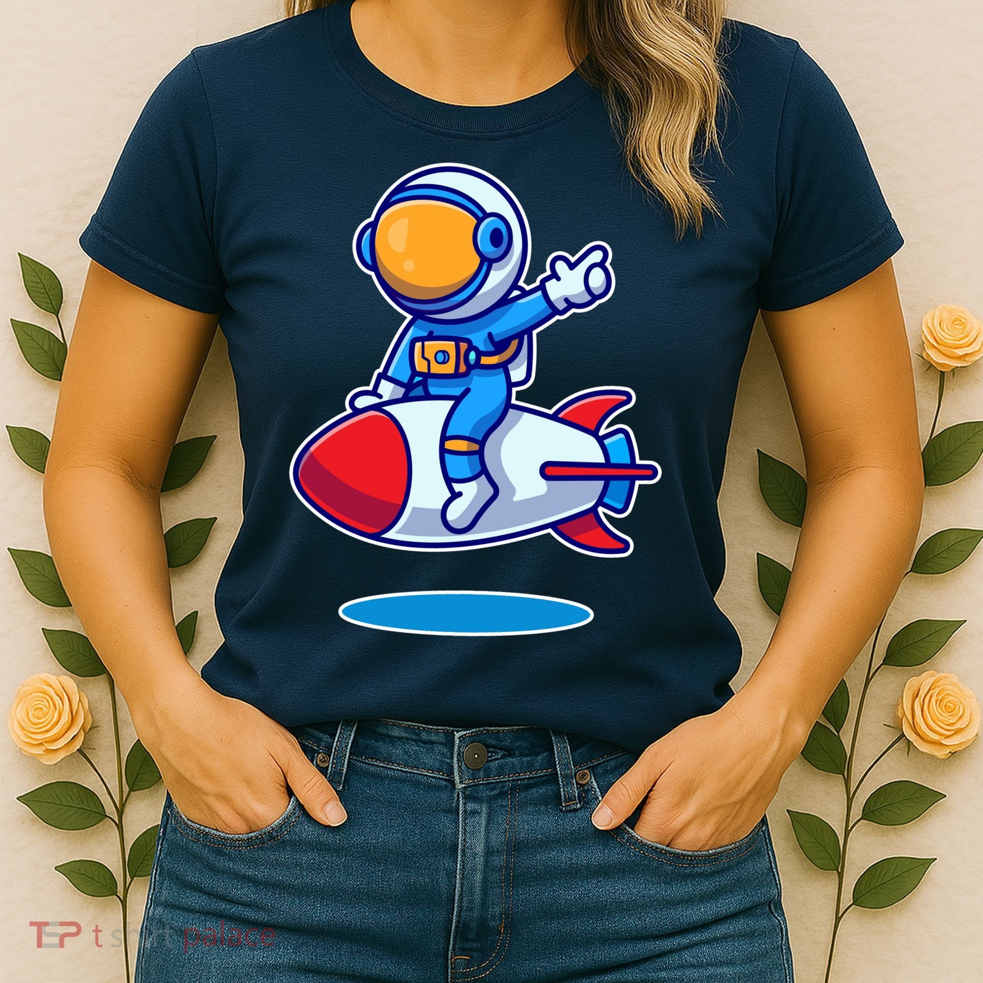 Cute Astronaut On Rocket Cartoon Women's T-Shirt