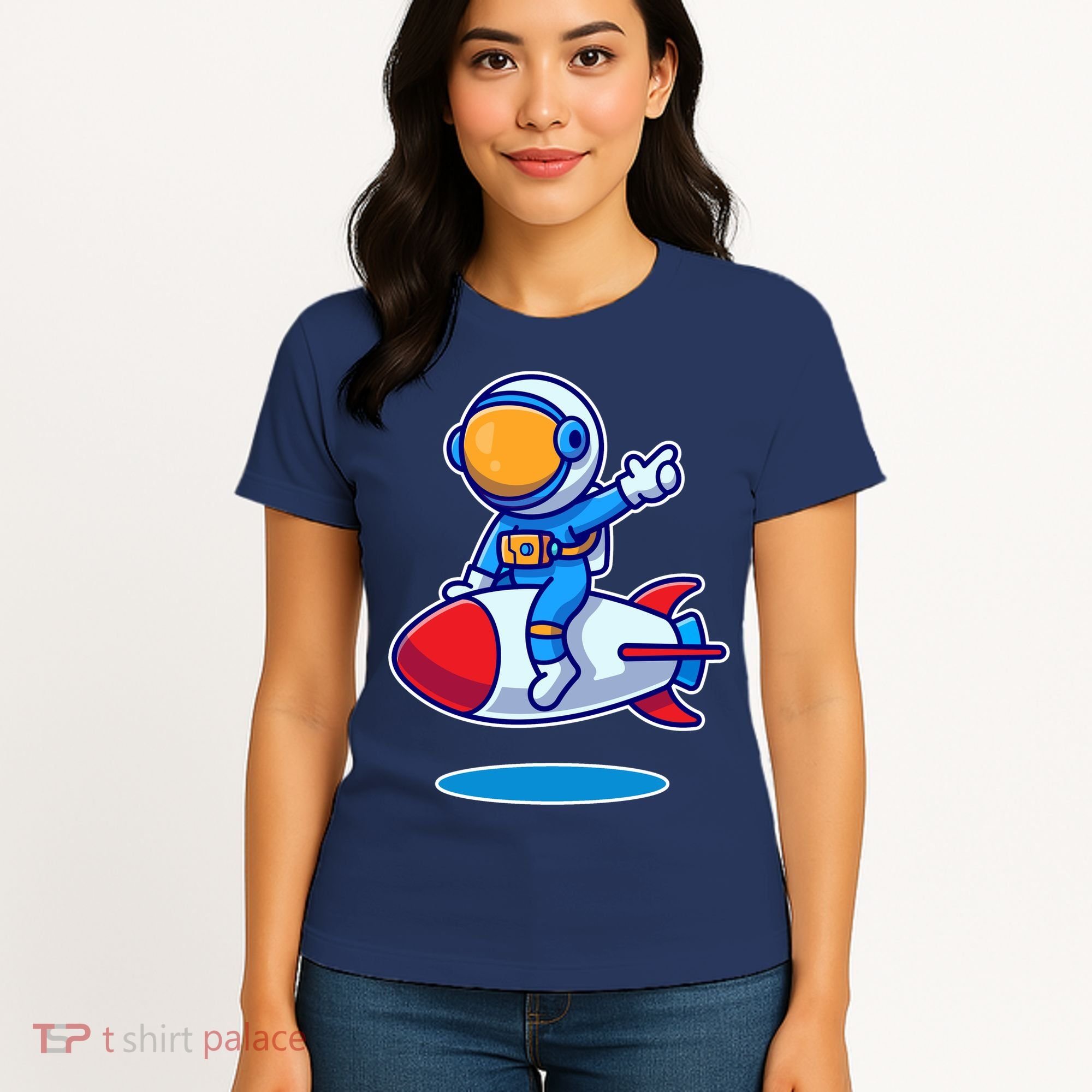 Cute Astronaut On Rocket Cartoon Women's T-Shirt