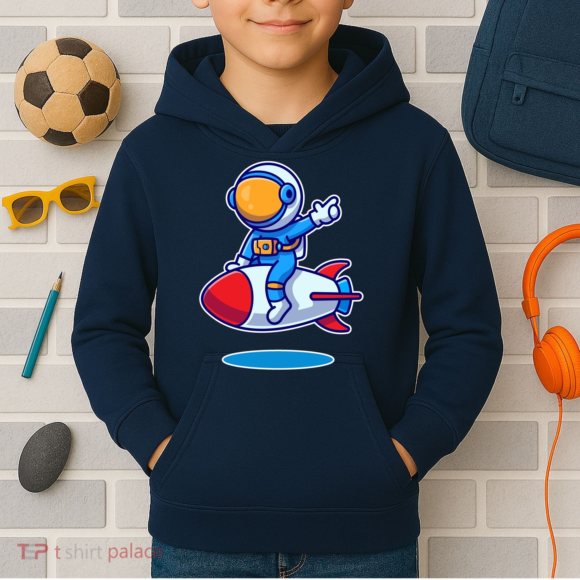 Cute Astronaut On Rocket Cartoon Kids Hoodie