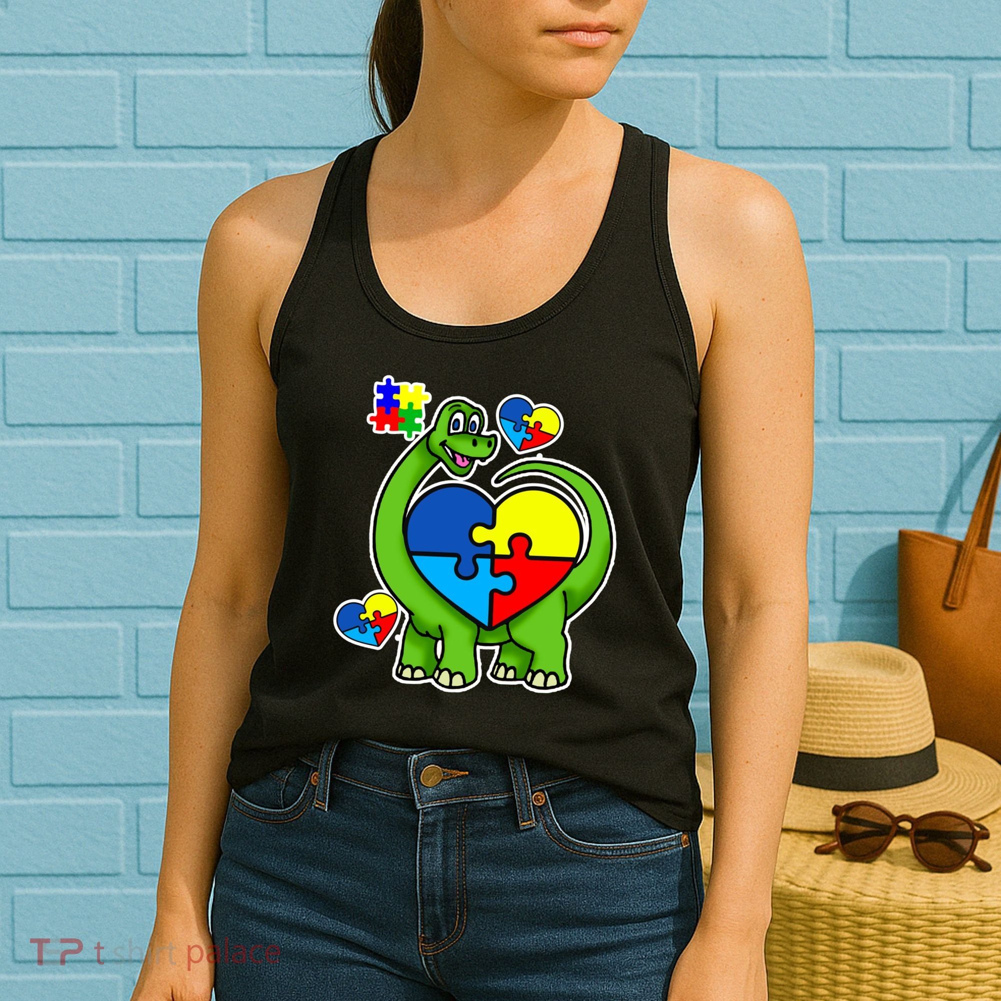 Cute Autism Dino Puzzle Piece Heart Women's Tank Top