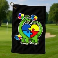 Cute Autism Dino Puzzle Piece Heart Golf Towel thumb 1