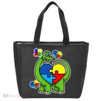 Cute Autism Dino Puzzle Piece Heart Tote Bag thumb 0