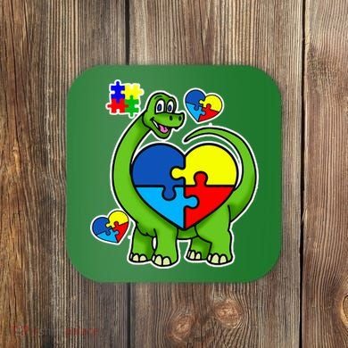 Cute Autism Dino Puzzle Piece Heart Coaster