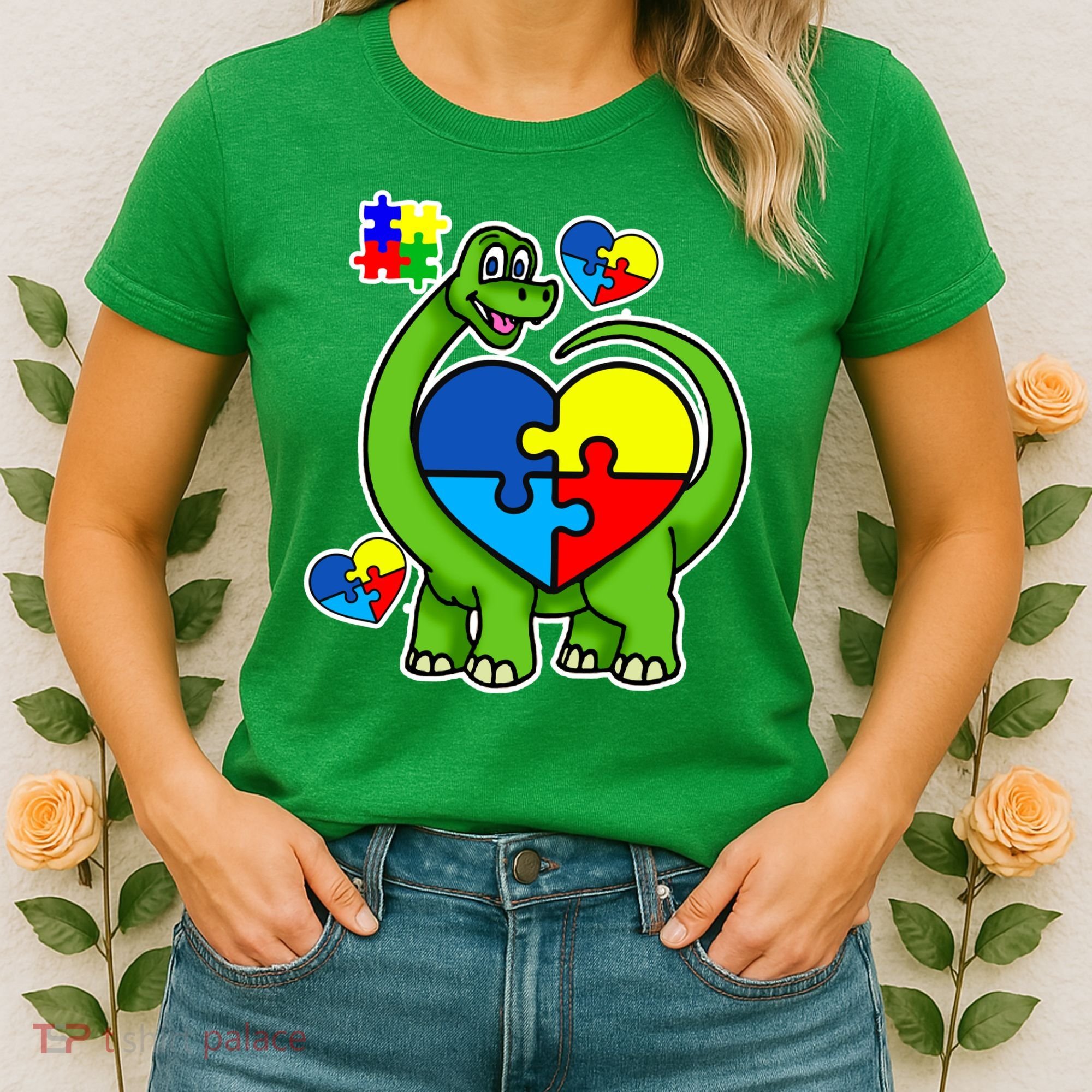 Cute Autism Dino Puzzle Piece Heart Women's T-Shirt