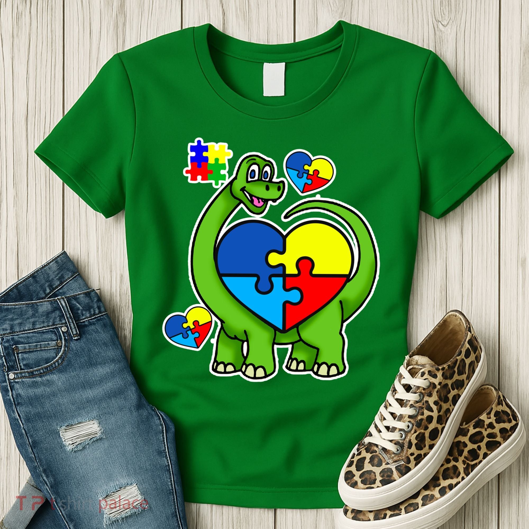 Cute Autism Dino Puzzle Piece Heart Women's T-Shirt