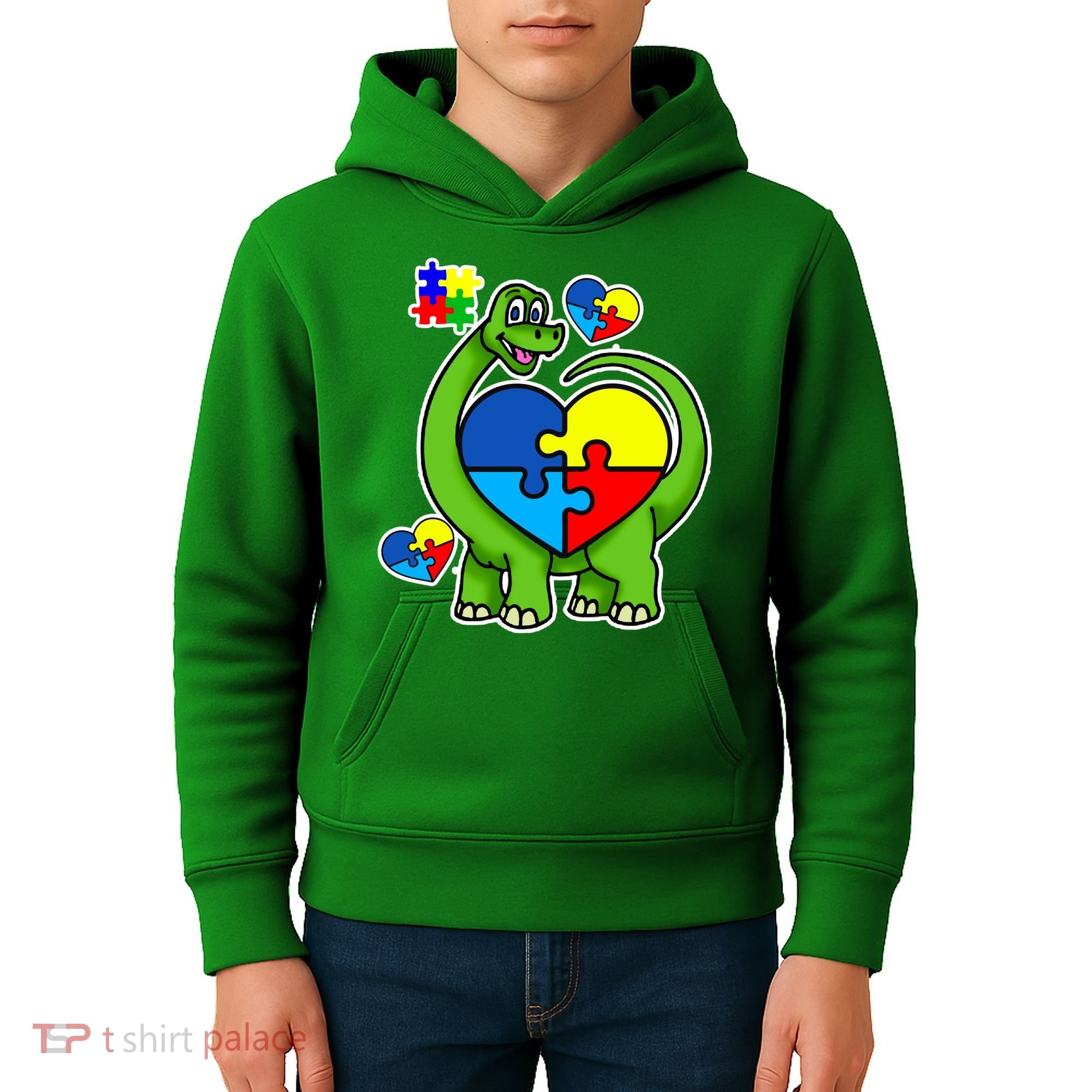 Cute Autism Dino Puzzle Piece Heart Kids Hoodie
