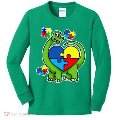 Cute Autism Dino Puzzle Piece Heart Kids Long Sleeve Shirt