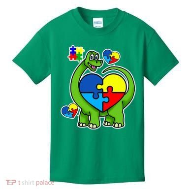 Cute Autism Dino Puzzle Piece Heart Kids T-Shirt