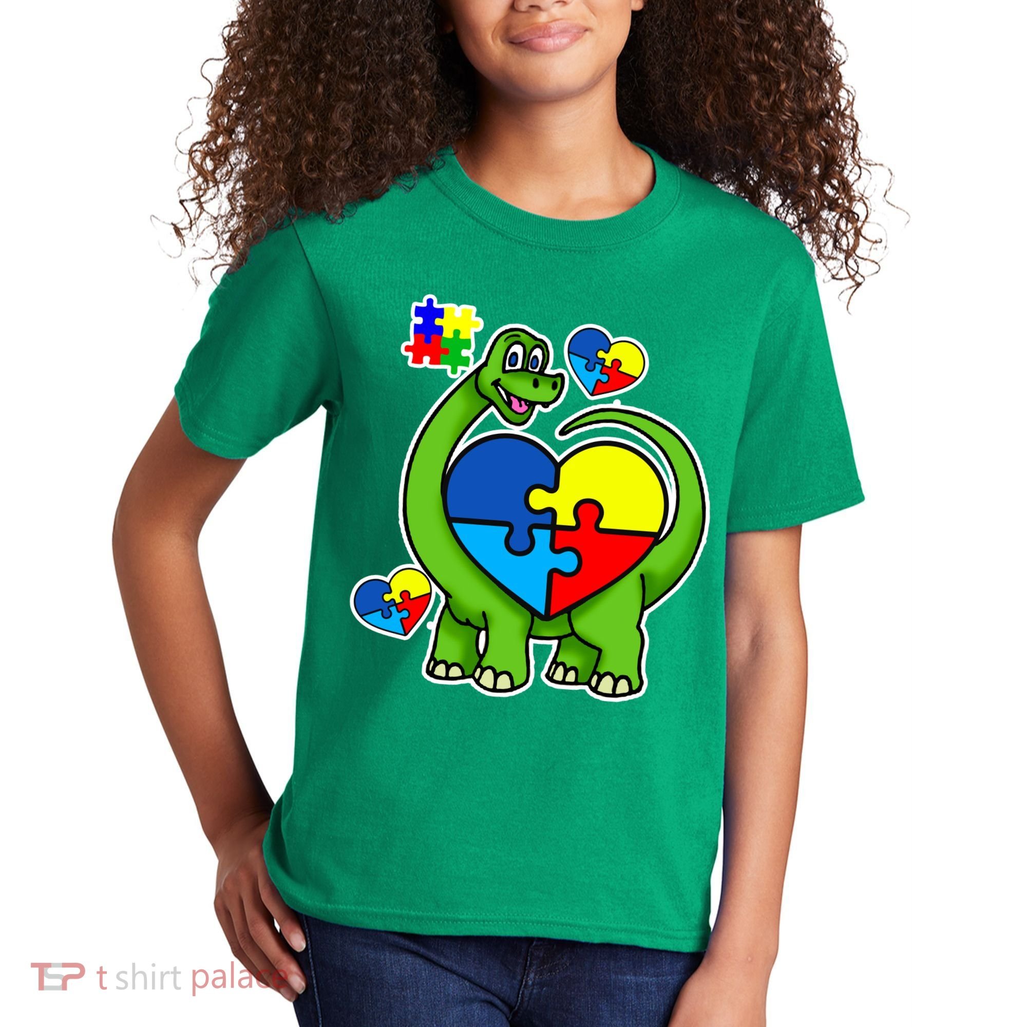 Cute Autism Dino Puzzle Piece Heart Kids T-Shirt