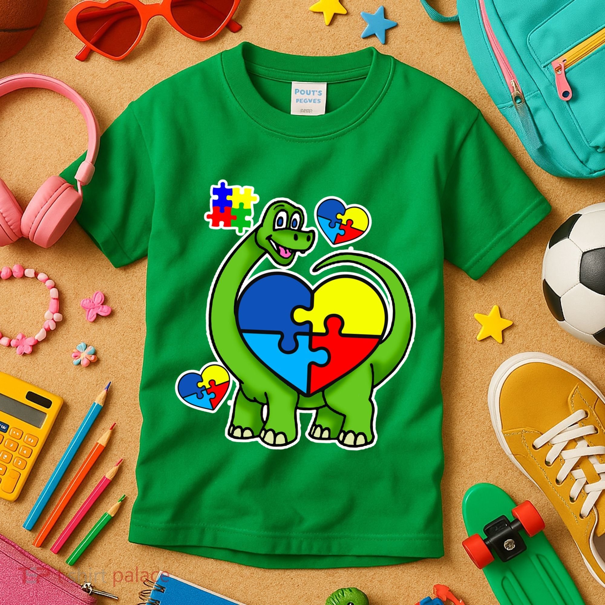 Cute Autism Dino Puzzle Piece Heart Kids T-Shirt