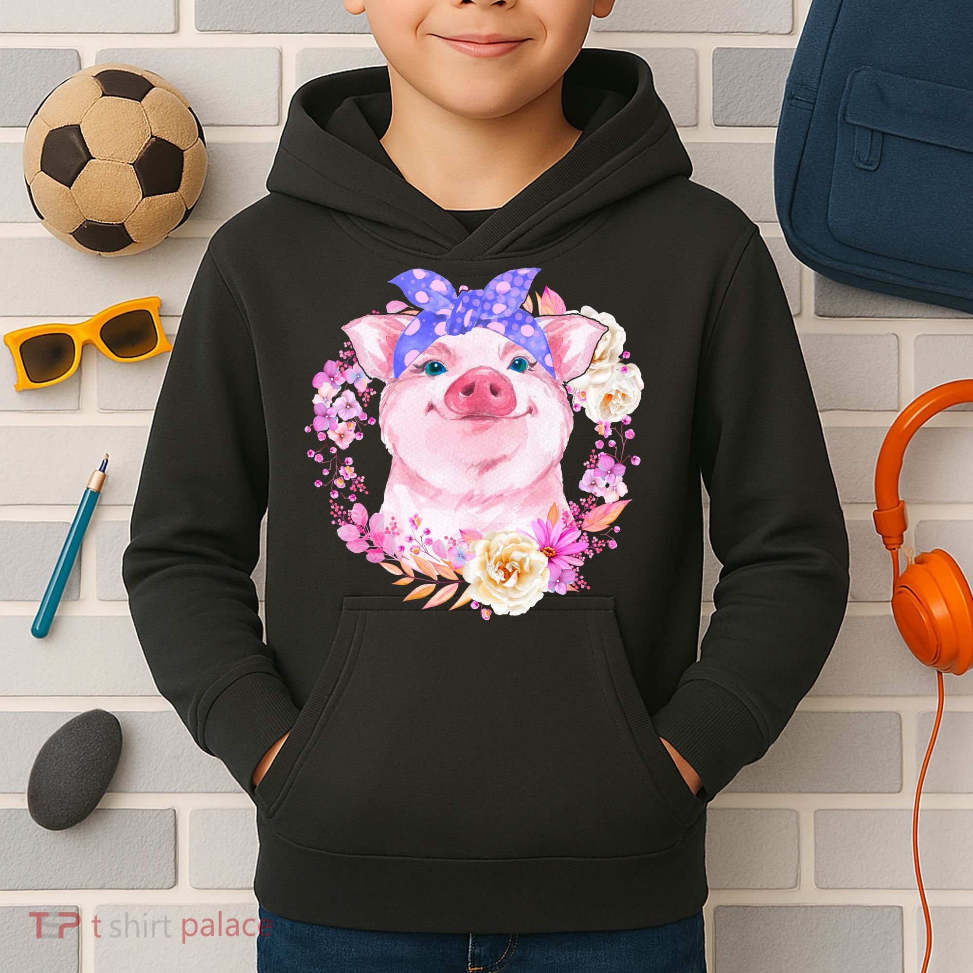 Cute Bandanna Pig Floral Kids Hoodie
