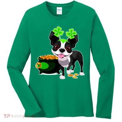 Cute Boston Terrier Shamrock St. Patrick's Day Women's Long Sleeve Shirt
