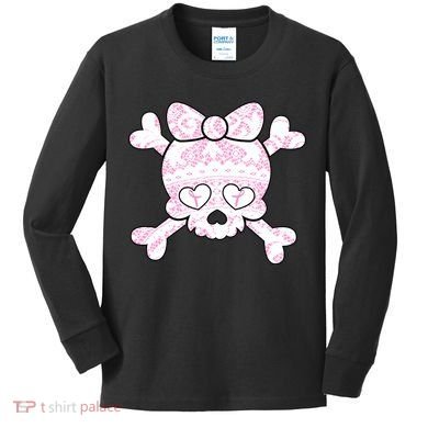 Cute Breast Cancer Bow Tie Skull Kids Long Sleeve Shirt