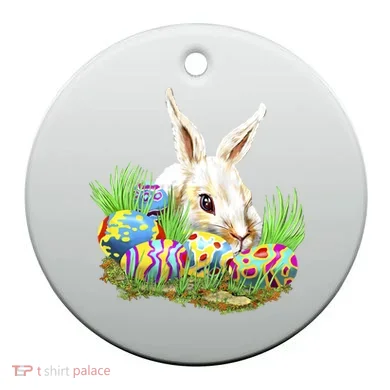 Cute Bunny with Easter Eggs Ceramic Ornament