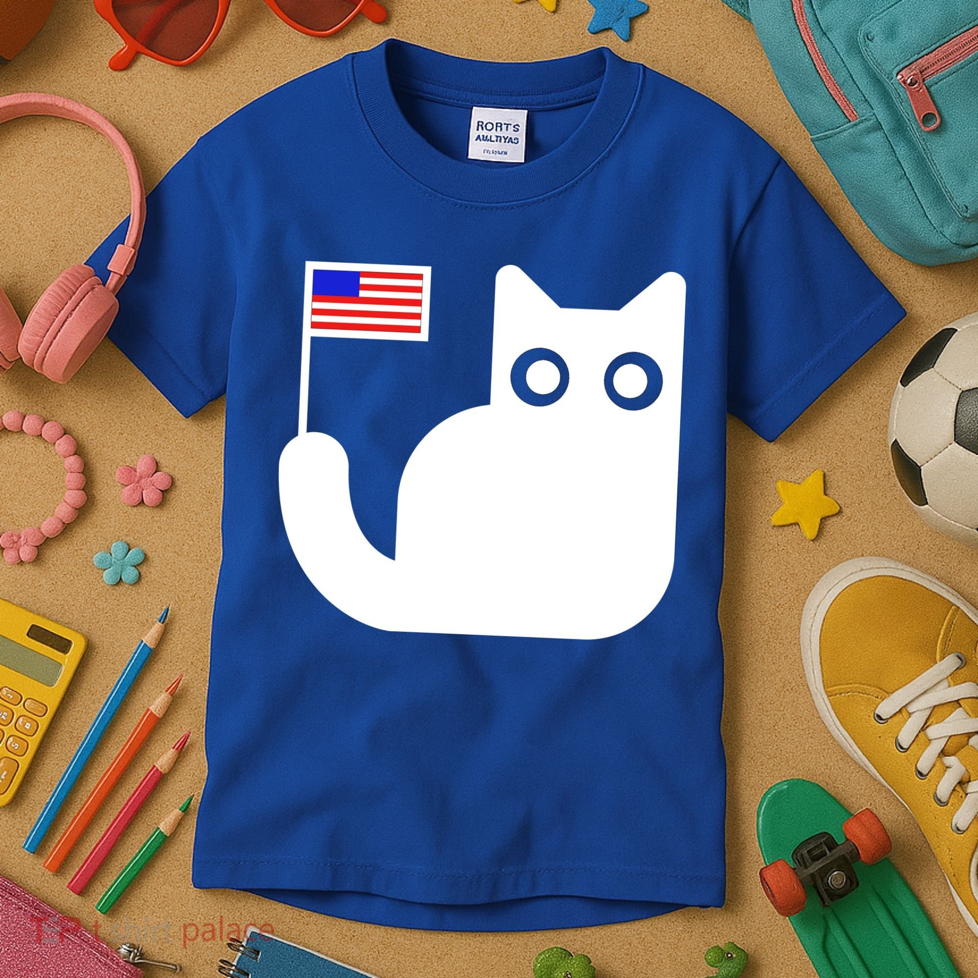 Cute Cat USA Tail Flag Kids T-Shirt