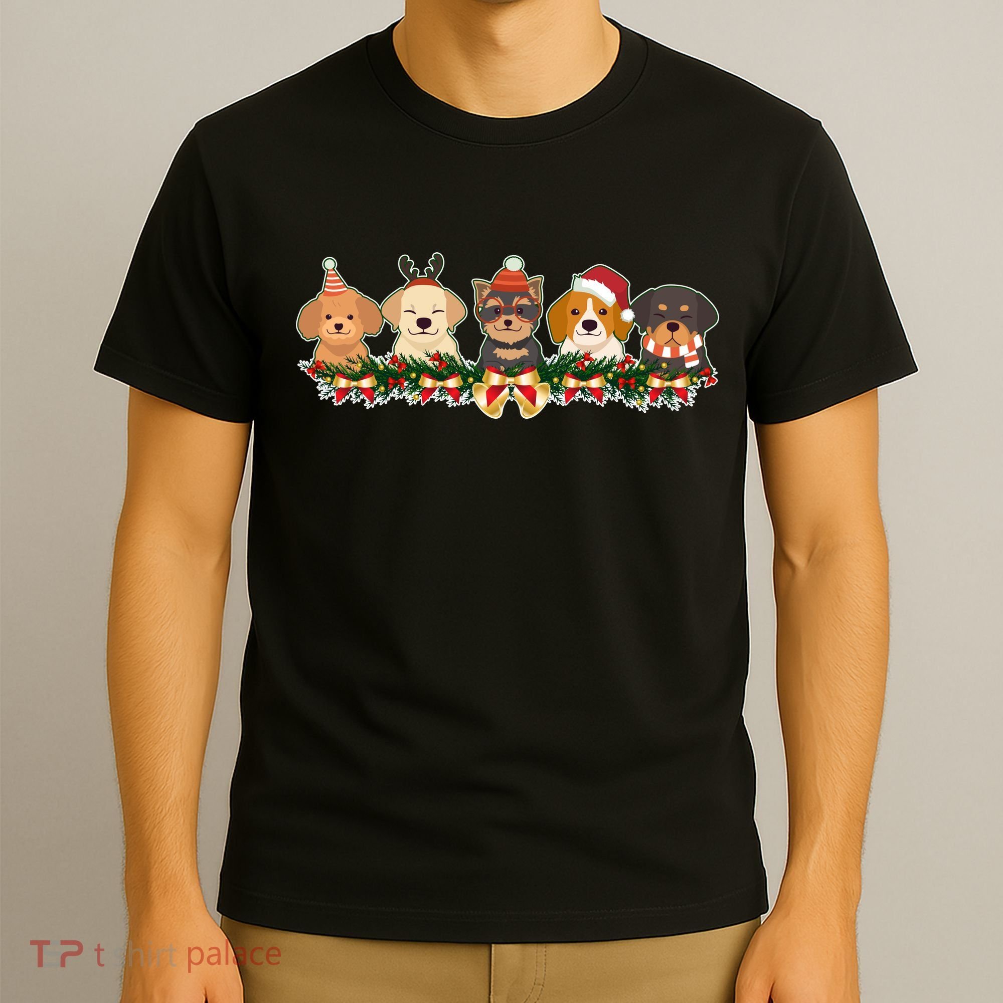 Cute Christmas Dogs Puppies Holly Garland  T-Shirt