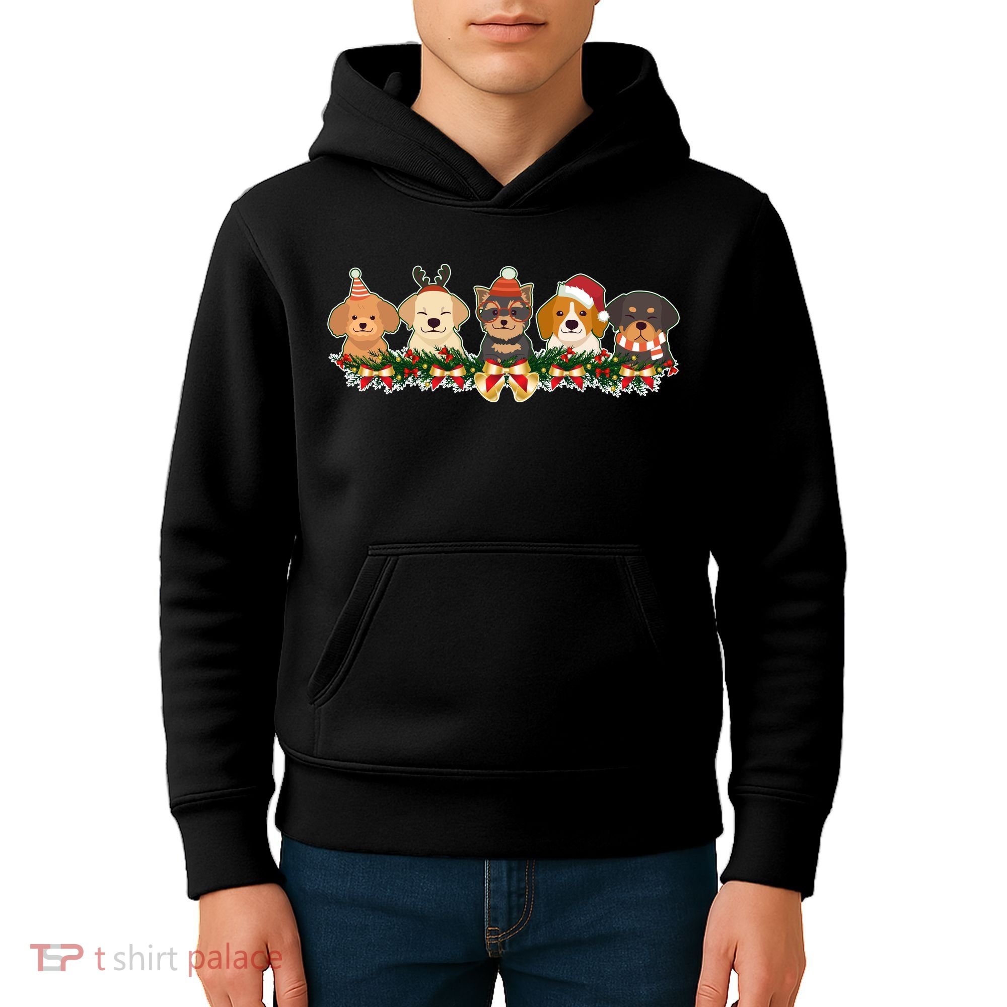 Cute Christmas Dogs Puppies Holly Garland  Kids Hoodie