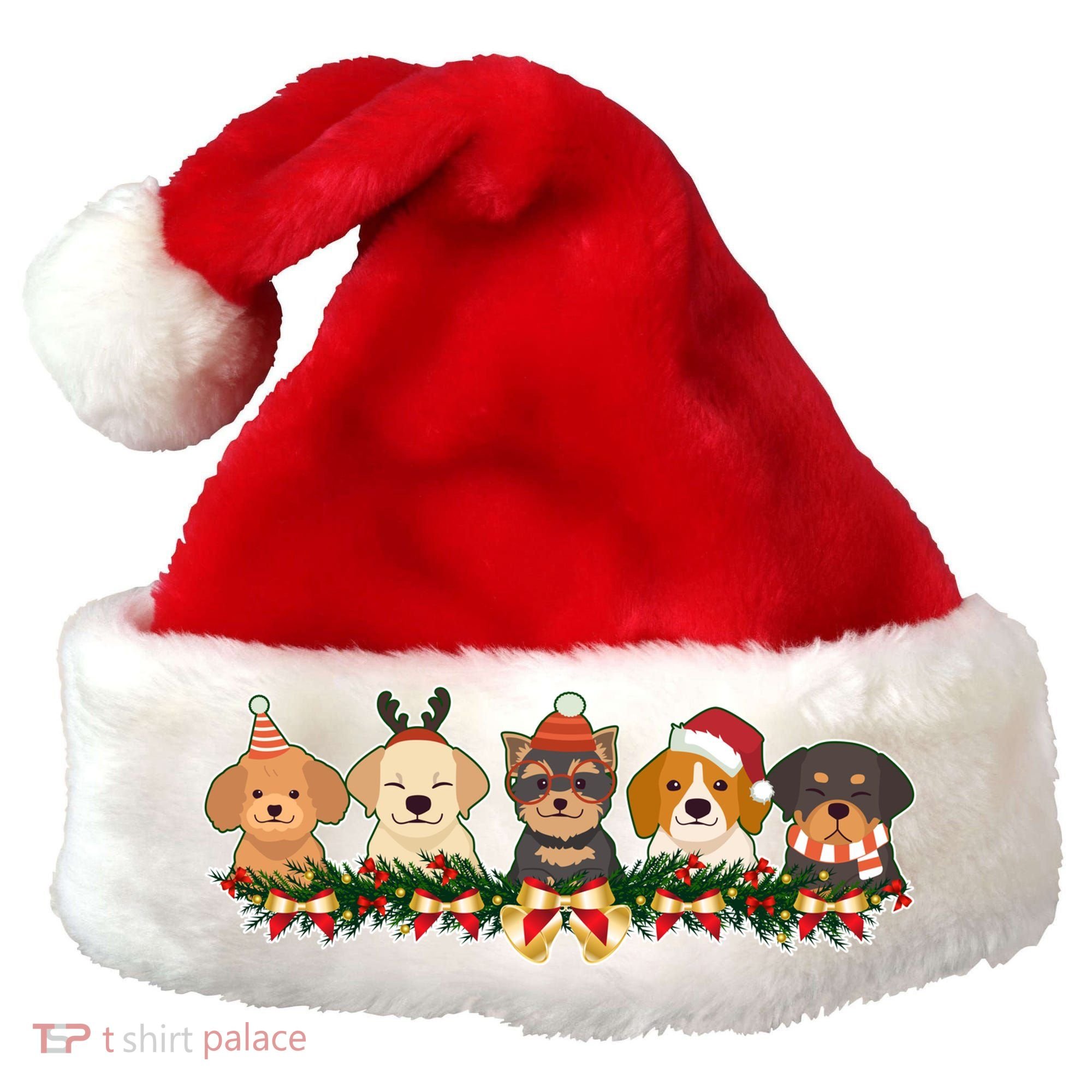 Cute Christmas Dogs Puppies Holly Garland  Santa Hat