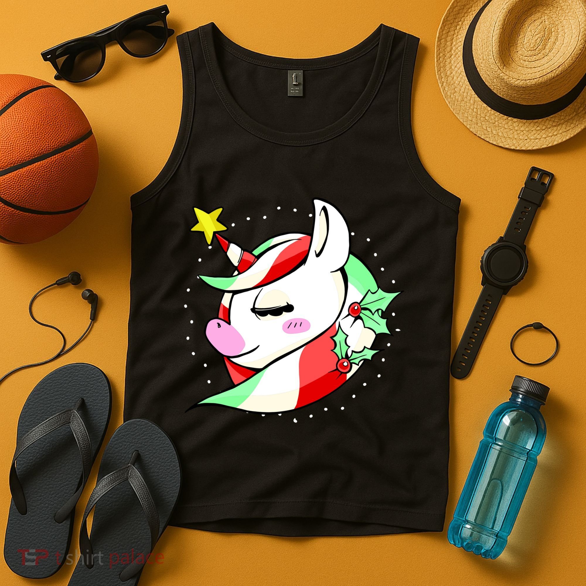 Cute Christmas Unicorn Star Mistletoe Tank Top