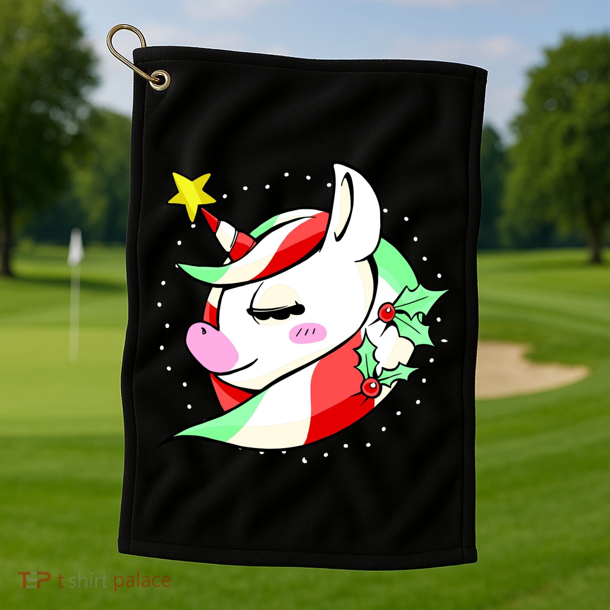 Cute Christmas Unicorn Star Mistletoe Golf Towel