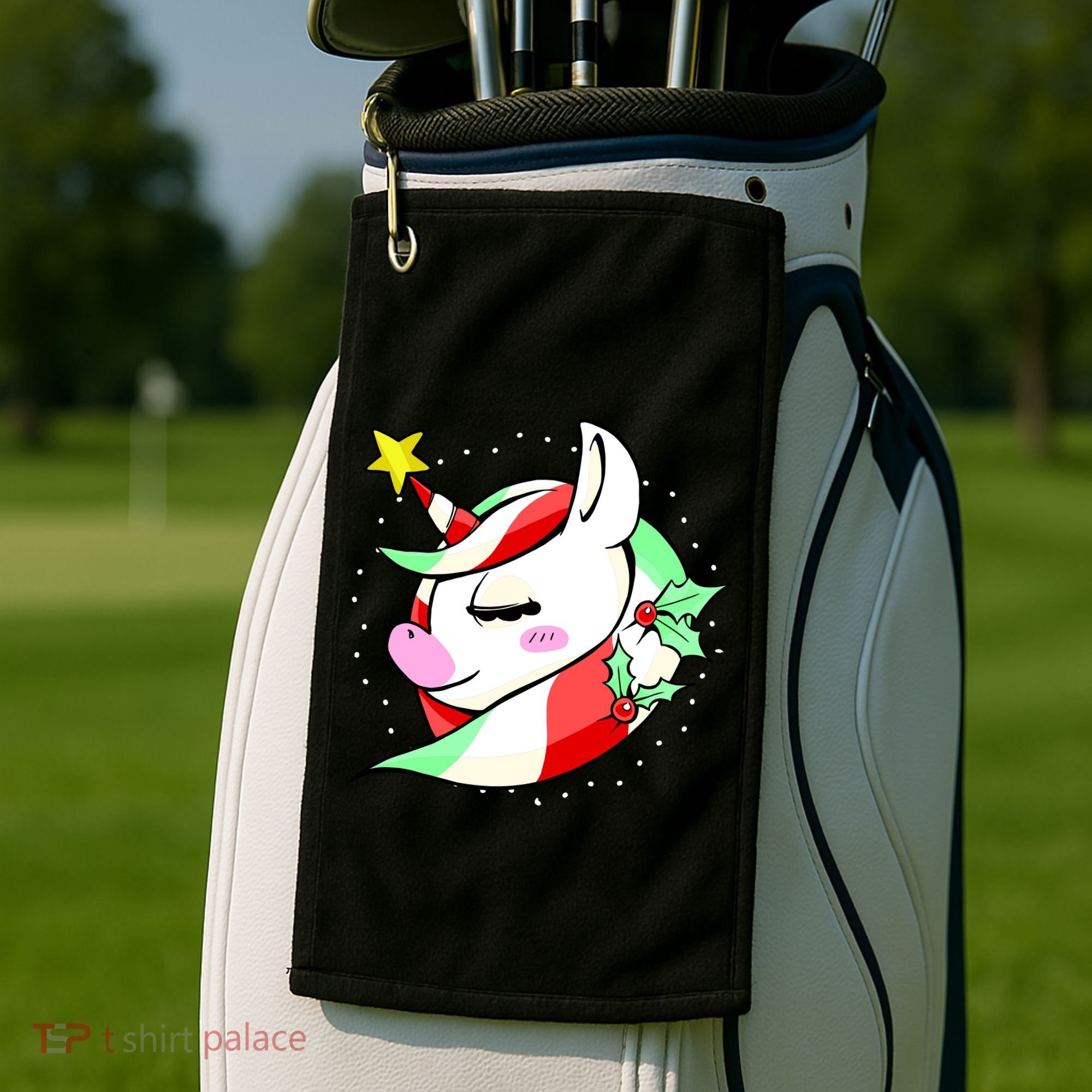 Cute Christmas Unicorn Star Mistletoe Golf Towel