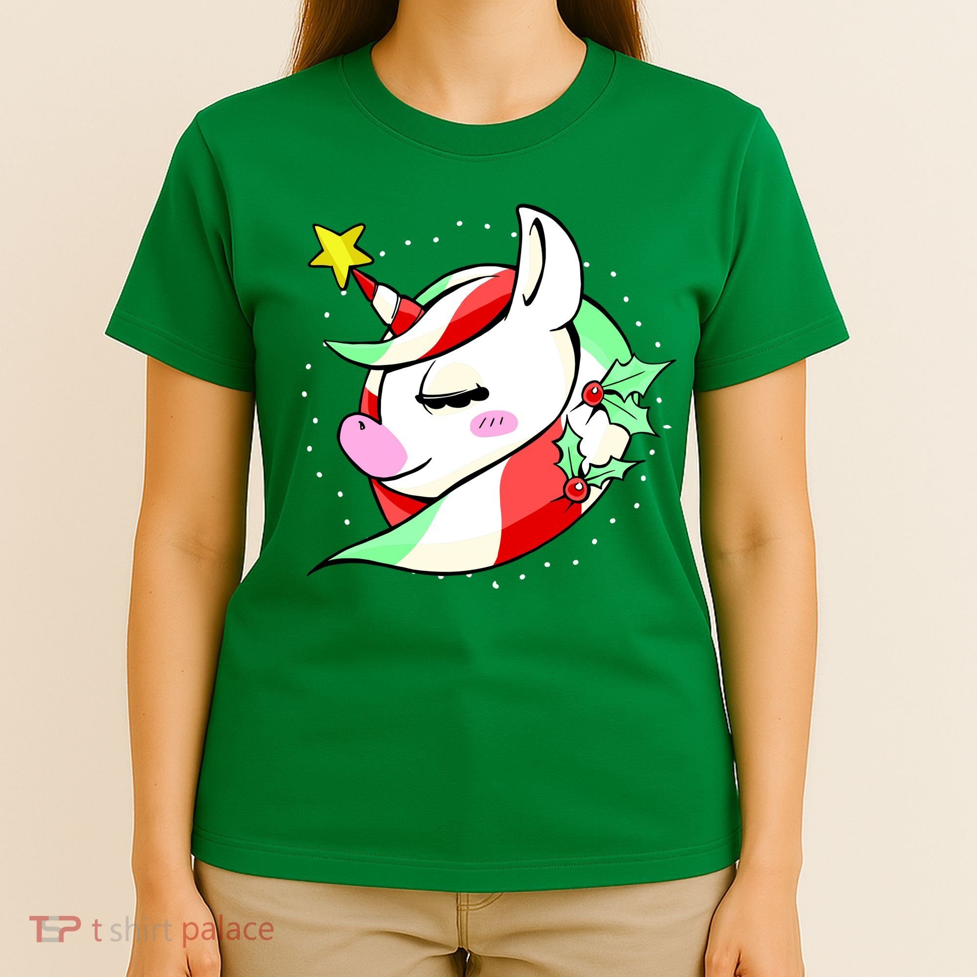 Cute Christmas Unicorn Star Mistletoe T-Shirt