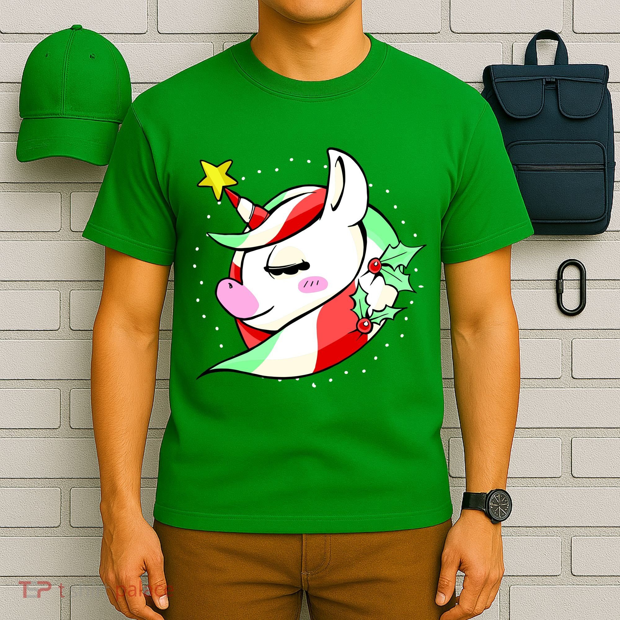 Cute Christmas Unicorn Star Mistletoe T-Shirt