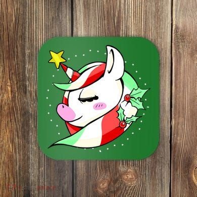Cute Christmas Unicorn Star Mistletoe Coaster