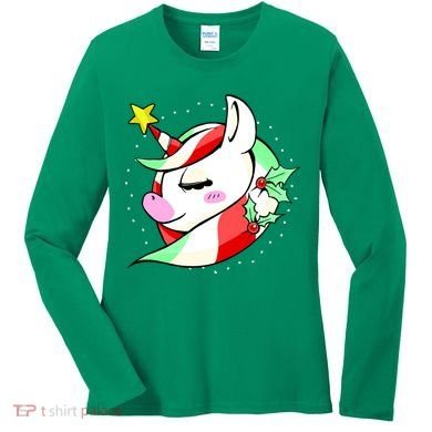 Cute Christmas Unicorn Star Mistletoe Women's Long Sleeve Shirt