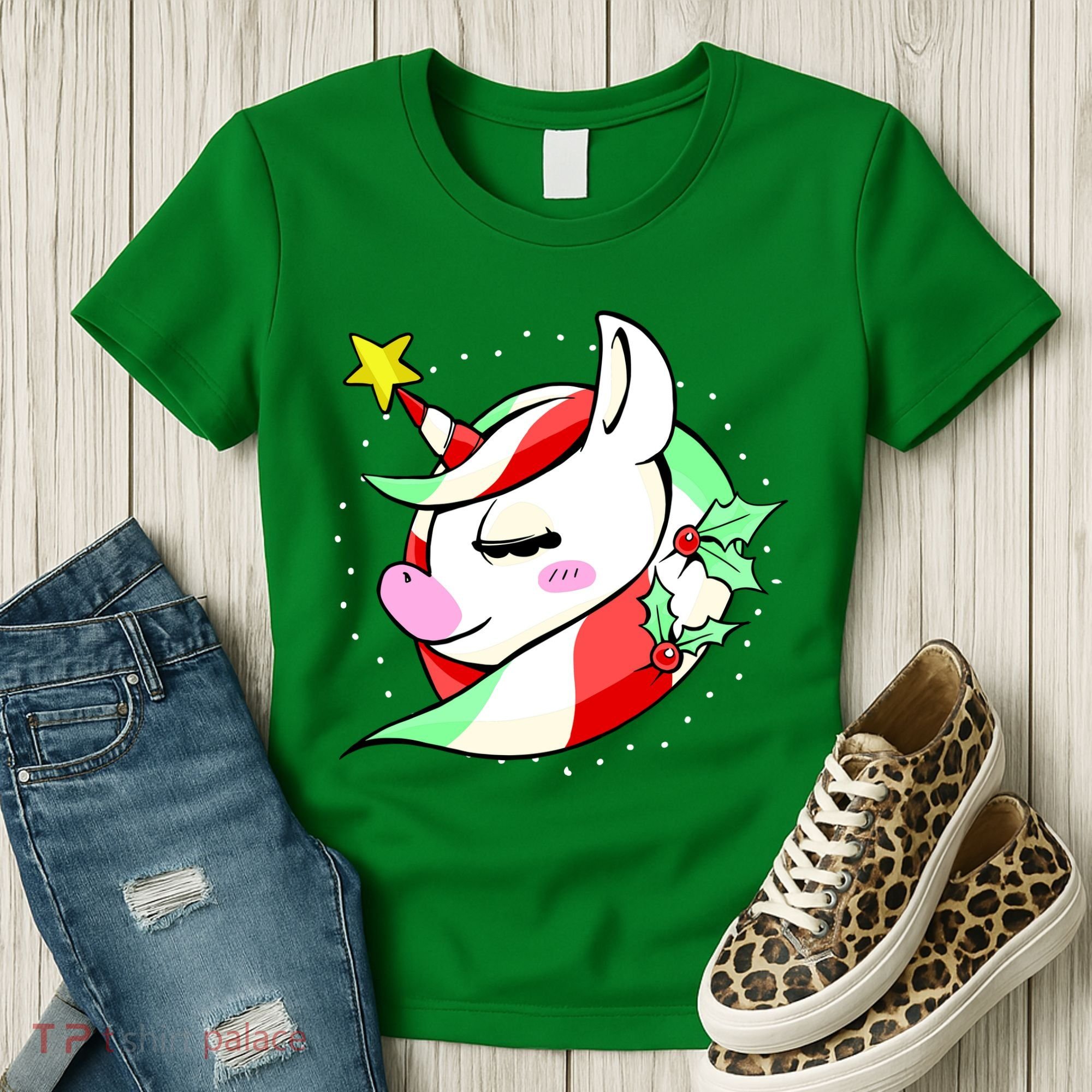 Cute Christmas Unicorn Star Mistletoe Women's T-Shirt