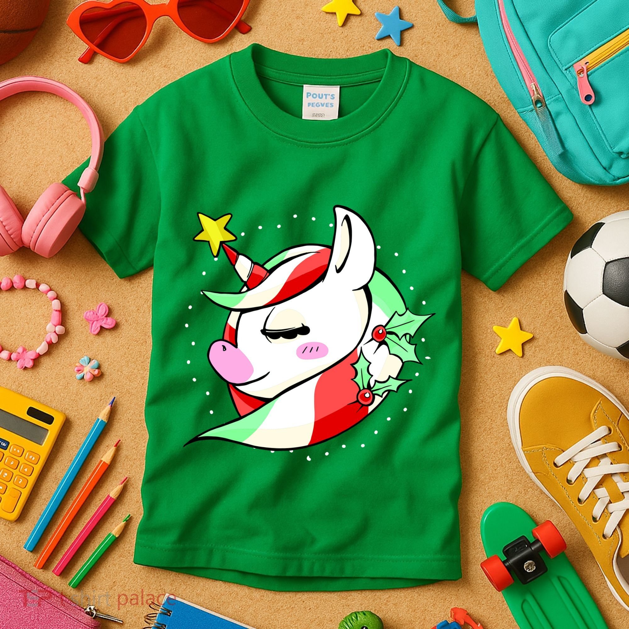 Cute Christmas Unicorn Star Mistletoe Kids T-Shirt