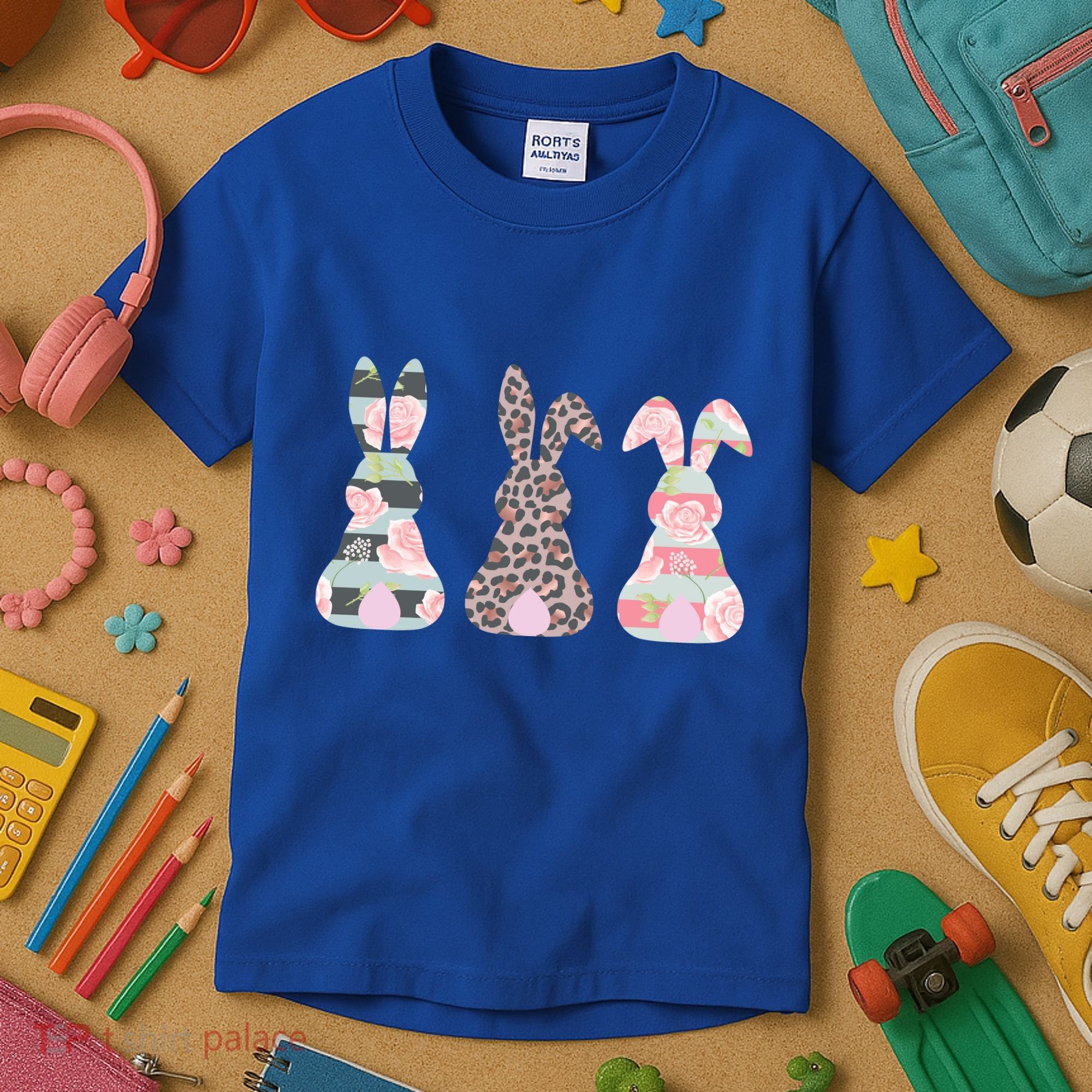Cute Easter Bunnies Rose Stripe Leopard Patterns Kids T-Shirt