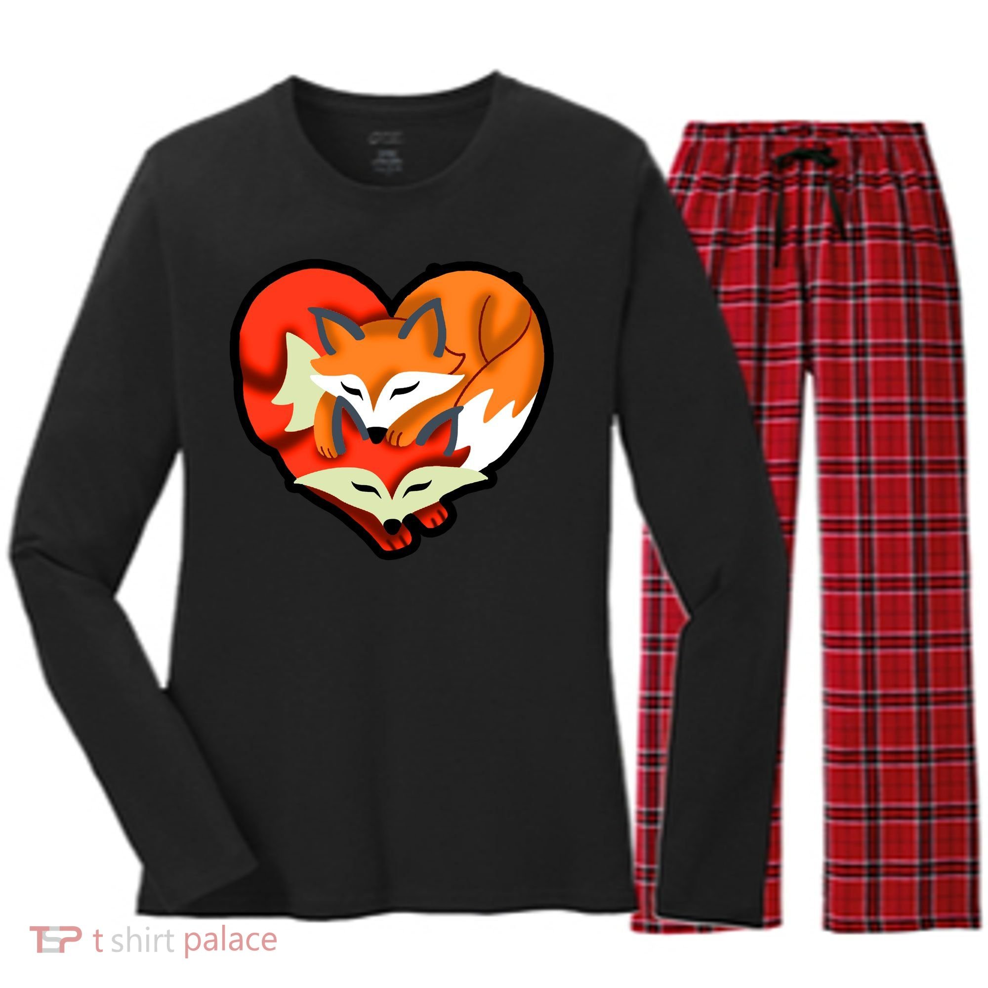 Cute Foxy Heart Fox Lover Women's Long Sleeve Flannel Pajama Set 