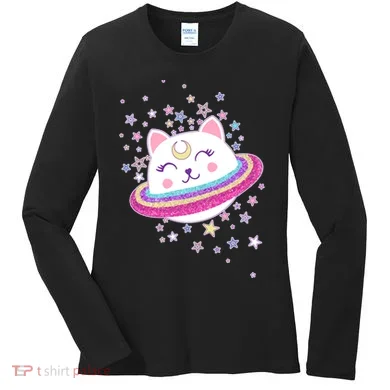 Cute Galaxy Saturn Cat  Women's Long Sleeve Shirt