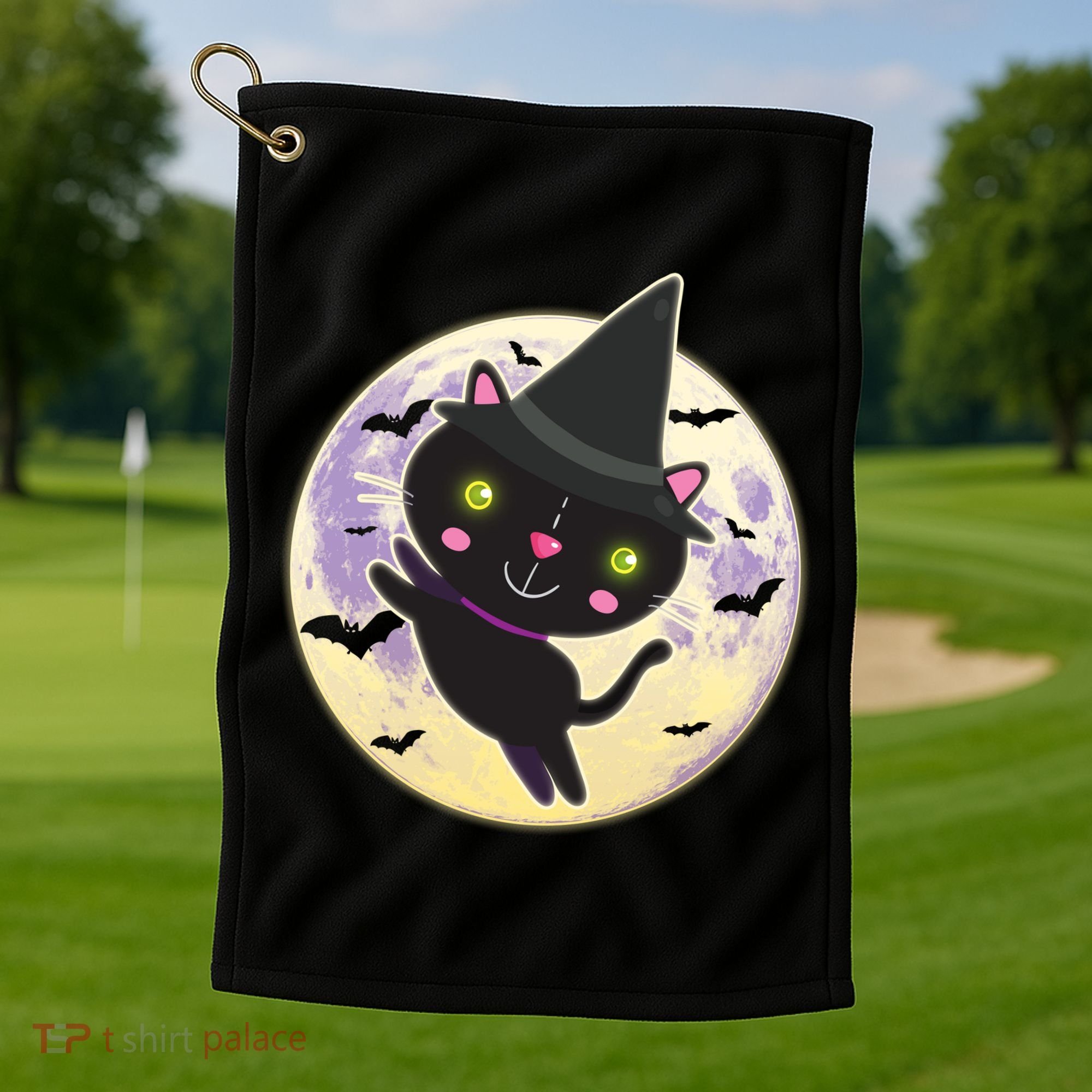 Cute Halloween Cat Moon Golf Towel