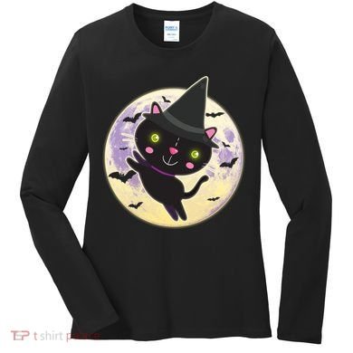 Cute Halloween Cat Moon Women's Long Sleeve Shirt