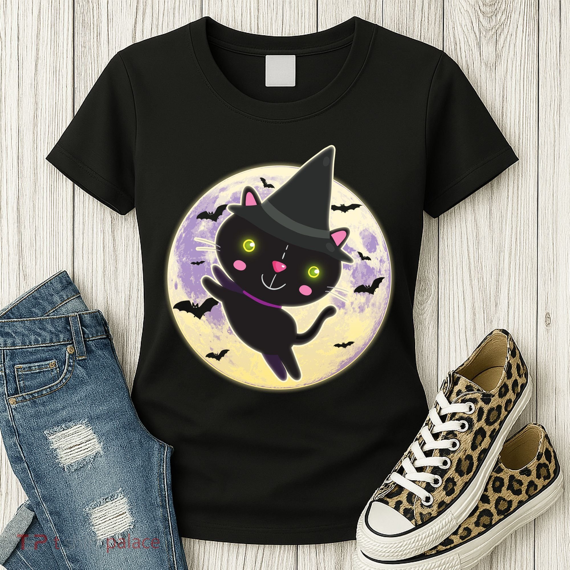 Cute Halloween Cat Moon Women's T-Shirt