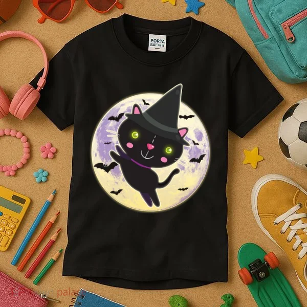 Cute Halloween Cat Moon Kids T-Shirt