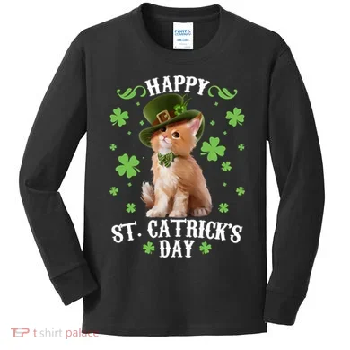 Cute Happy St Catricks Day Kitten Kids Long Sleeve Shirt