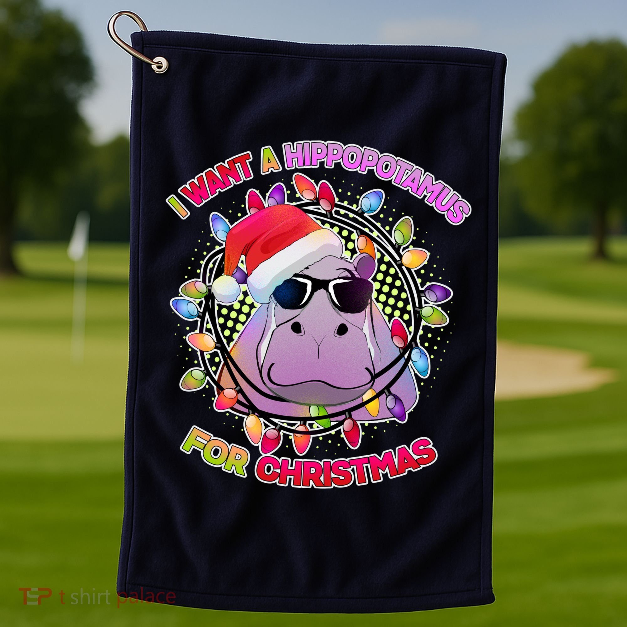 Cute I Want A Hippopotamus for Christmas Lights Golf Towel