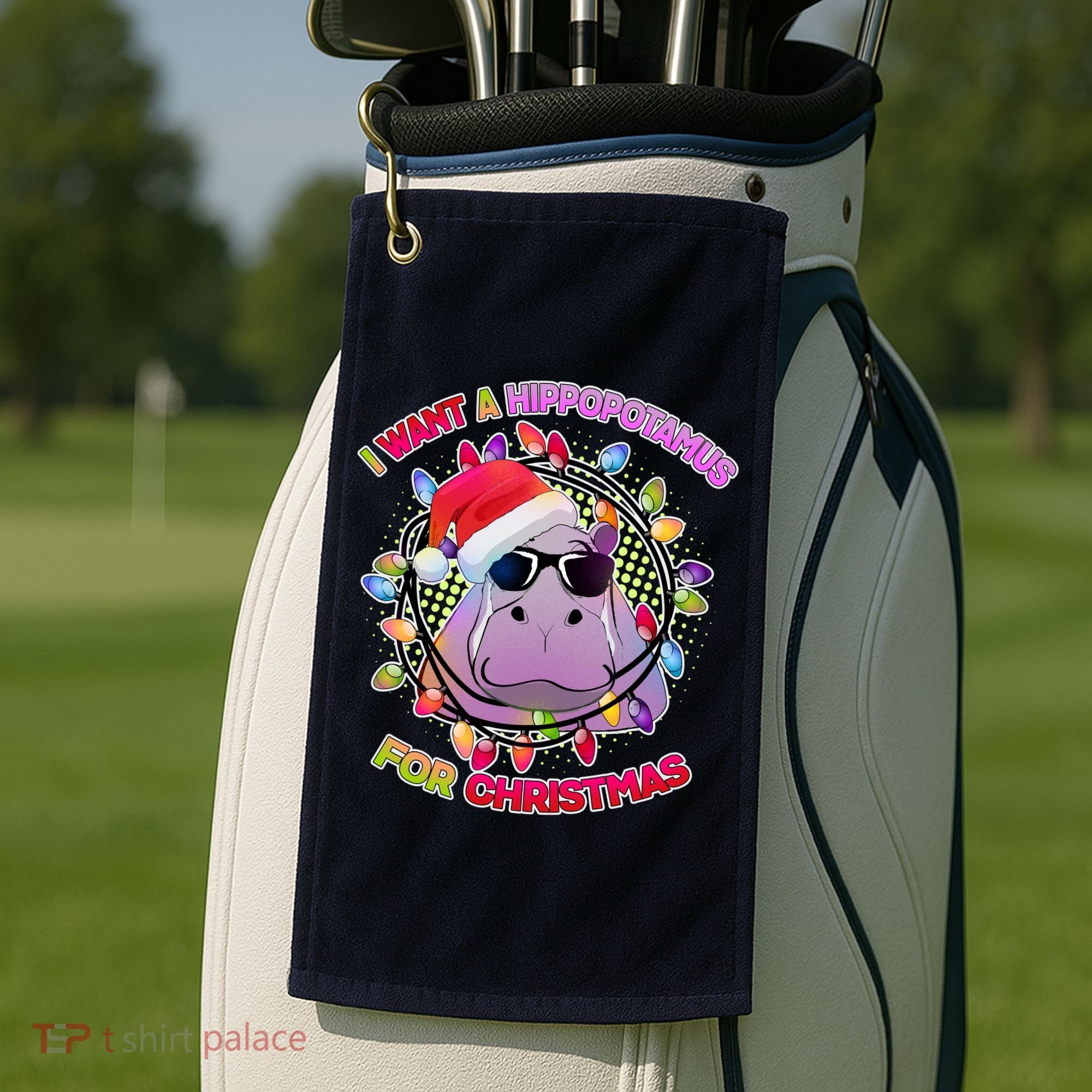 Cute I Want A Hippopotamus for Christmas Lights Golf Towel
