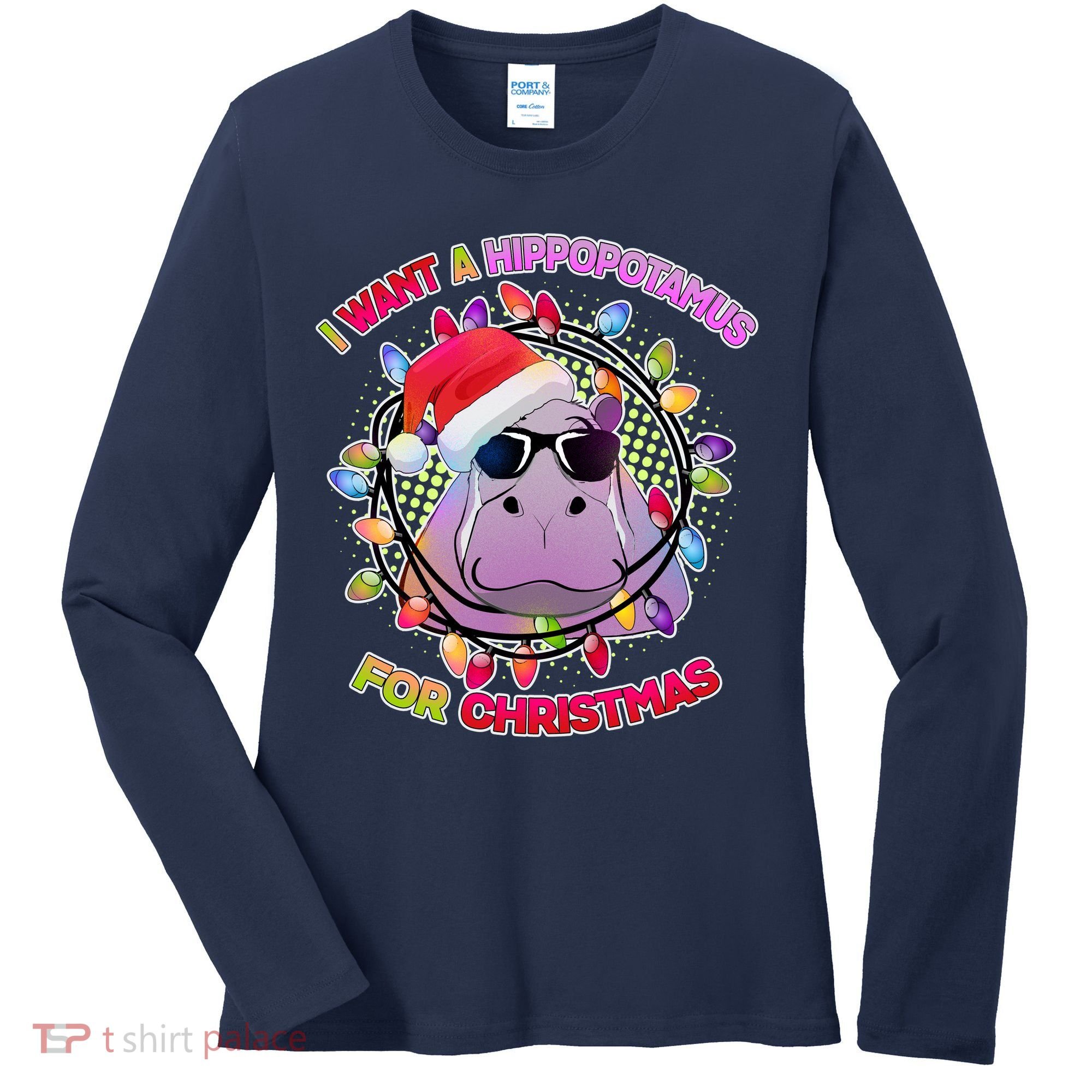 Cute I Want A Hippopotamus for Christmas Lights Women's Long Sleeve Shirt